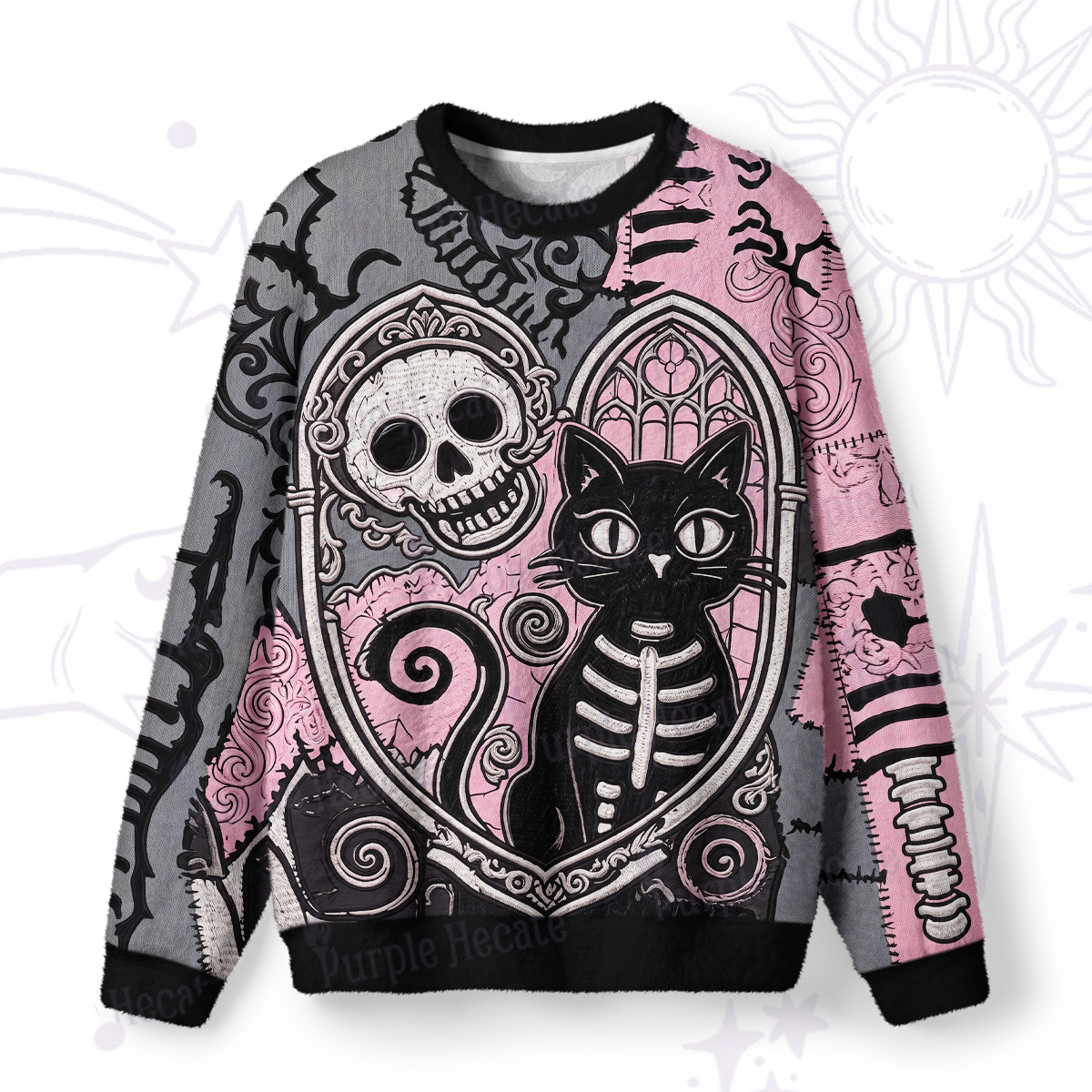 Purplehecate Gothic Skeleton Cat Fuzzy Ugly Sweatshirt