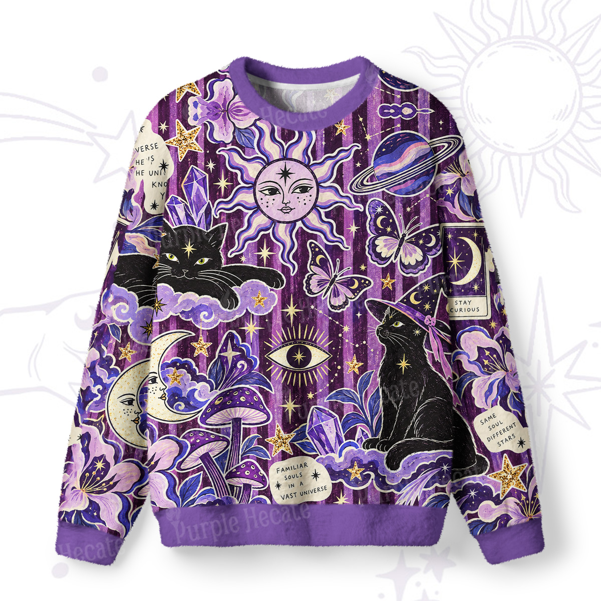Purplehecate Moon Whispers Black Cat Fuzzy Ugly Sweatshirt