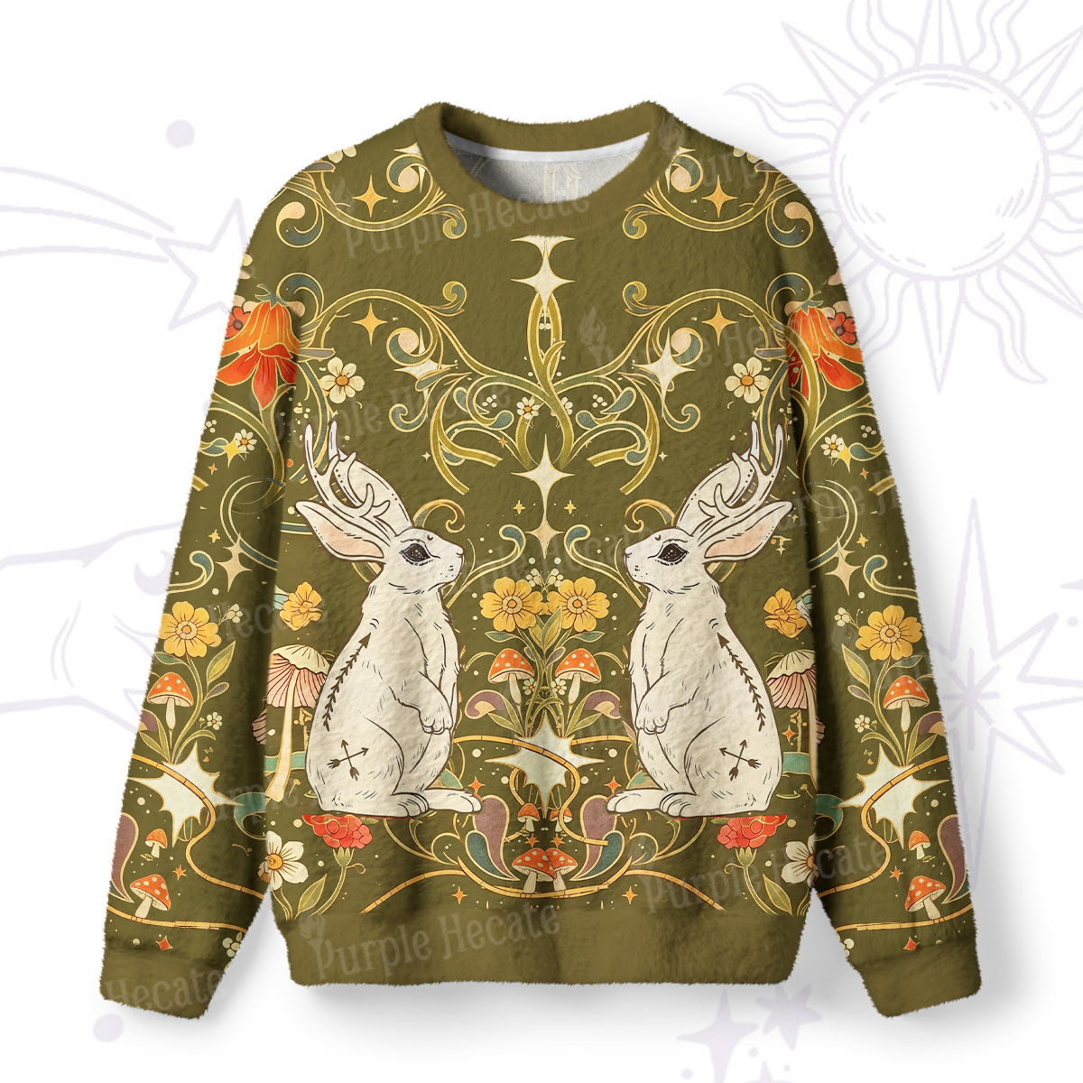 Purplehecate Antlered White Rabbit Secret Forest Fuzzy Ugly Sweatshirt