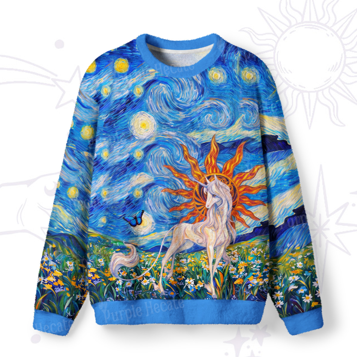 Purplehecate Starry Night Sun Unicorn Fantasy Fuzzy Ugly Sweatshirt