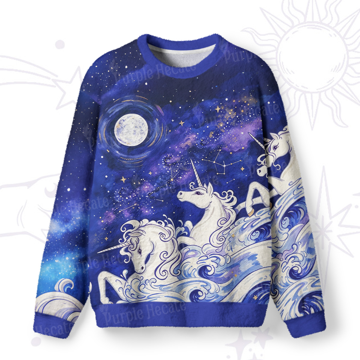 Purplehecate Celestial Sea Unicorn Night Sky Fuzzy Ugly Sweatshirt