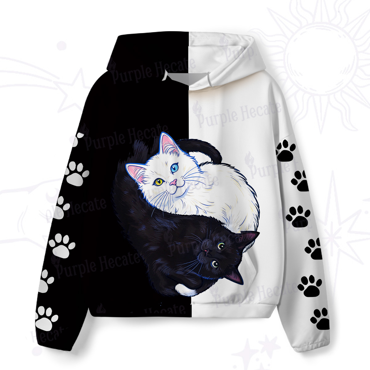 Purplehecate Yin Yang Cats Paw All-Over Print Hoodie