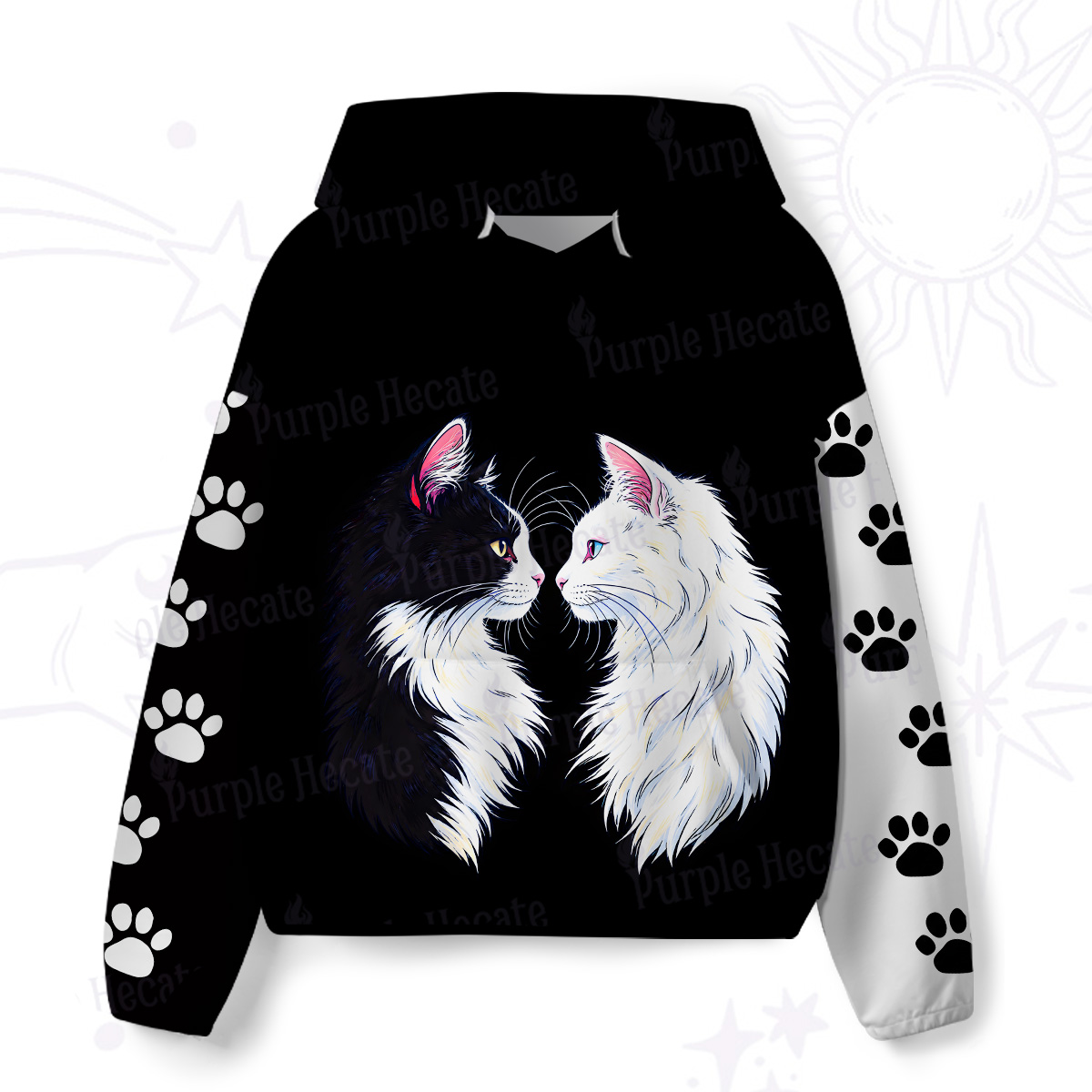 Purplehecate Magical Black & White Guardian Cats All-Over Print Hoodie
