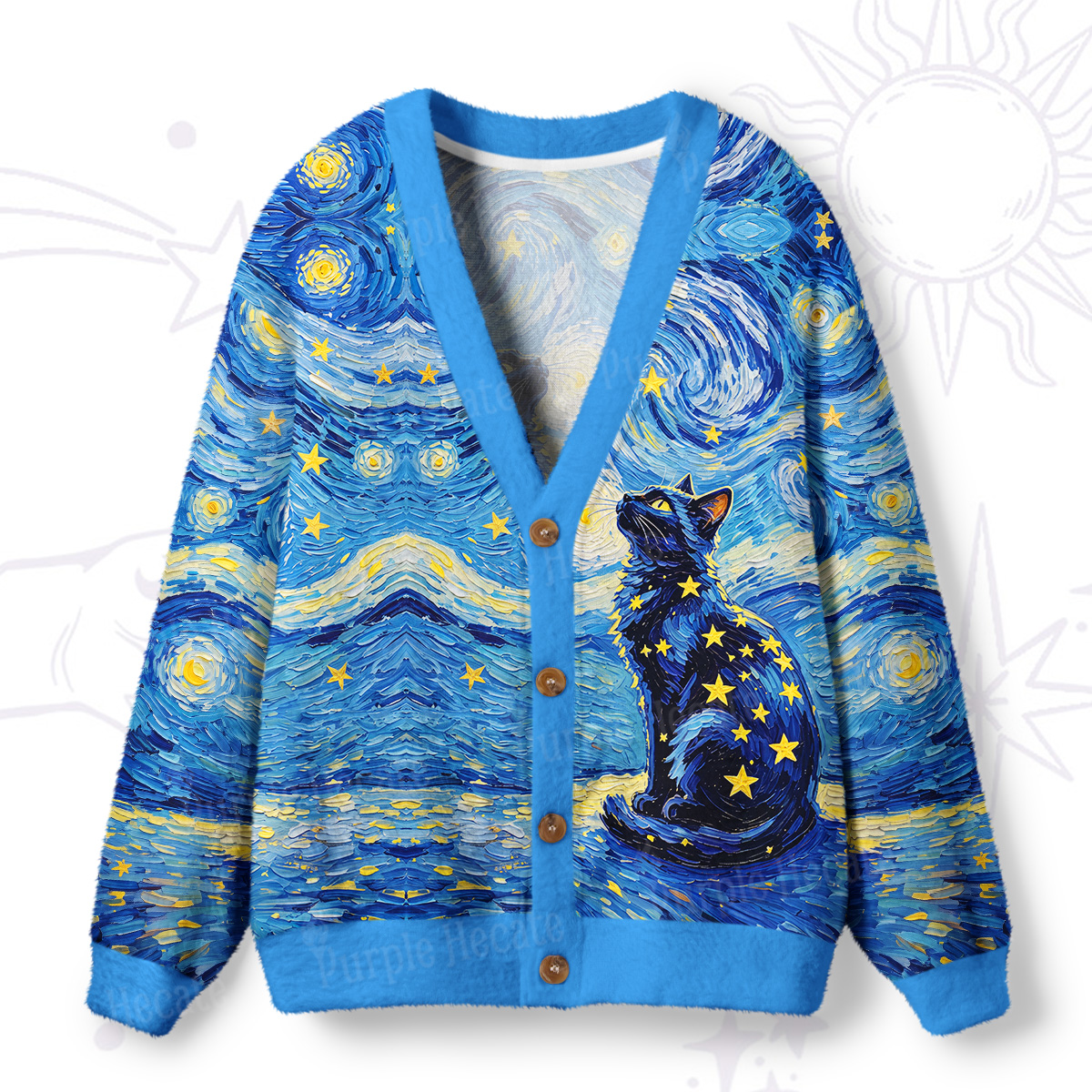 Purplehecate Starry Night Sky Mystical Black Cat Ugly Cardigan Sweaters