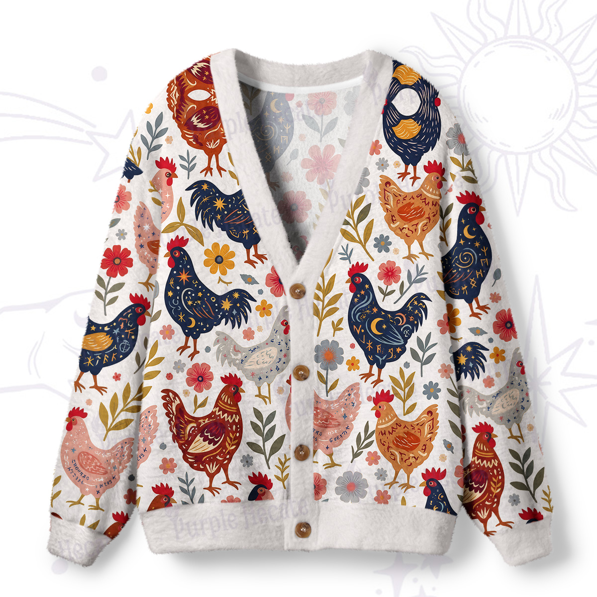 Purplehecate Mystic Roosters Farm Ugly Cardigan Sweaters