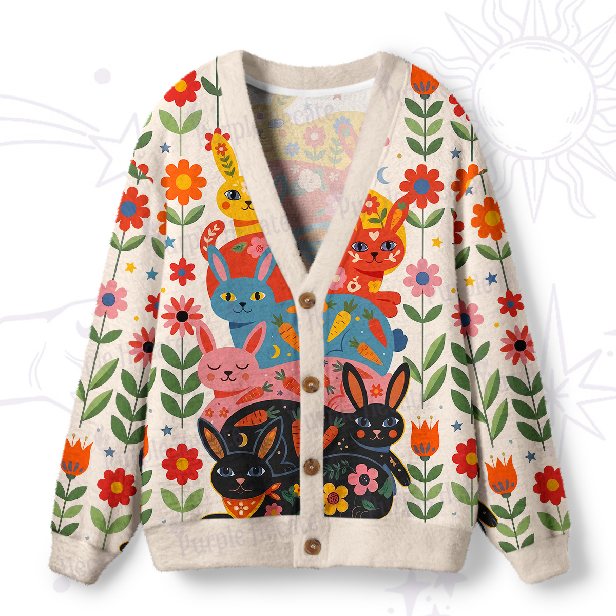 Purplehecate Folk Art Rainbow Floral Bunny Ugly Cardigan Sweaters