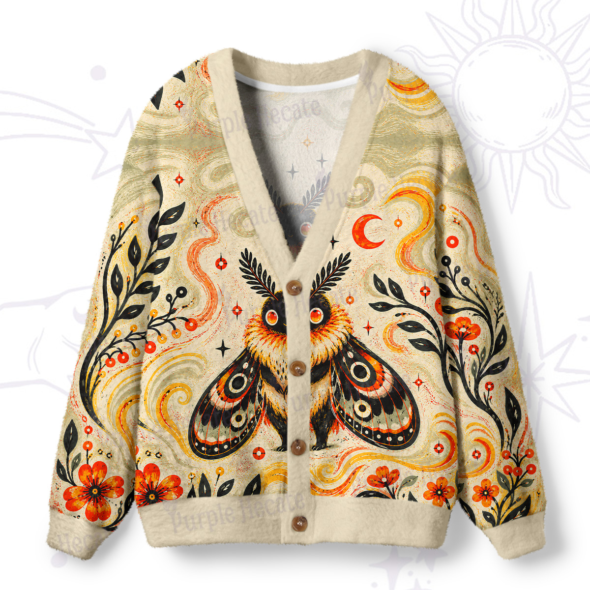 Purplehecate Autumn Moon Moth Guardian Graphic Ugly Cardigan Sweaters