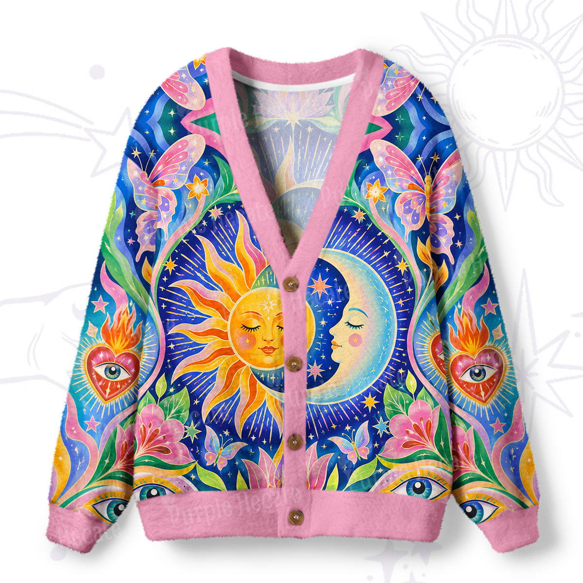Purplehecate Cosmic Sun & Moon Lotus Ugly Cardigan Sweaters