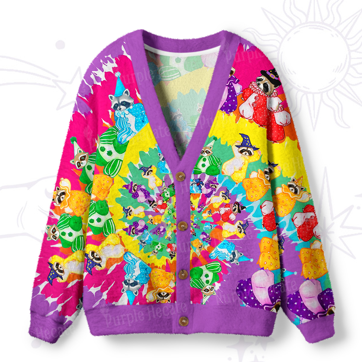 Purplehecate Rainbow Kaleidoscope Raccoon Ugly Cardigan Sweaters