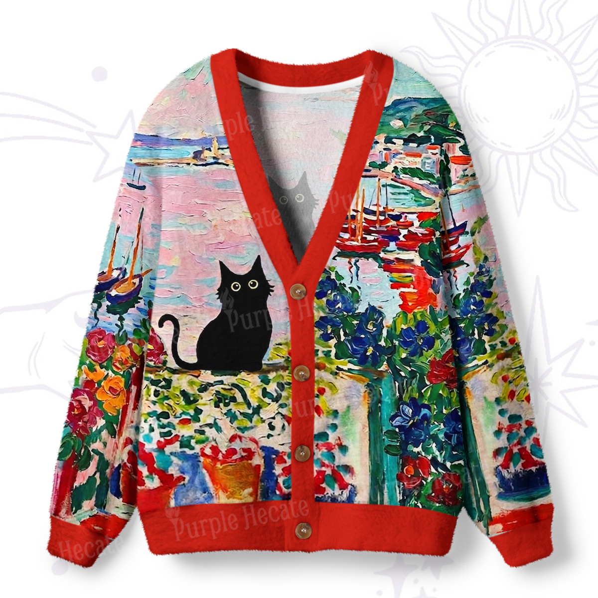 Purplehecate Spring Mystic Black Cat Painting Ugly Cardigan Sweaters