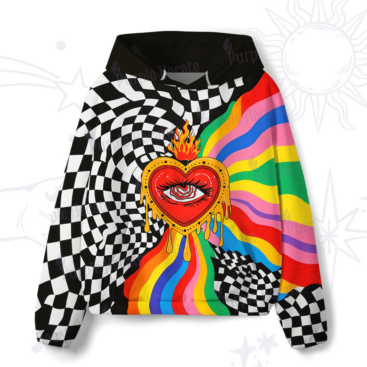 Purplehecate Trippy Rainbow Heart Eye All-Over Print Hoodie