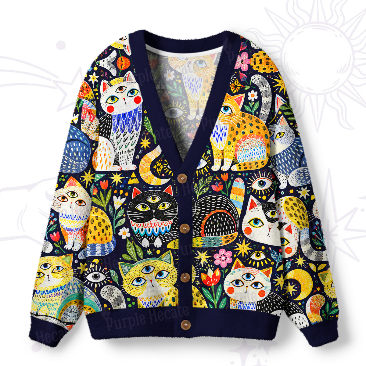 Purplehecate Mystic Third Eye Folk Art Cats Ugly Cardigan Sweaters