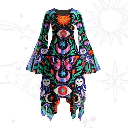 Purplehecate Celestial Owl and Moth Folk Art Bell Sleeve Dress