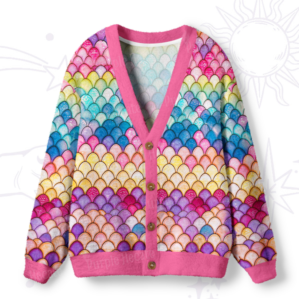 Purplehecate Colorful Mermaid Fish Scales Ugly Cardigan Sweaters