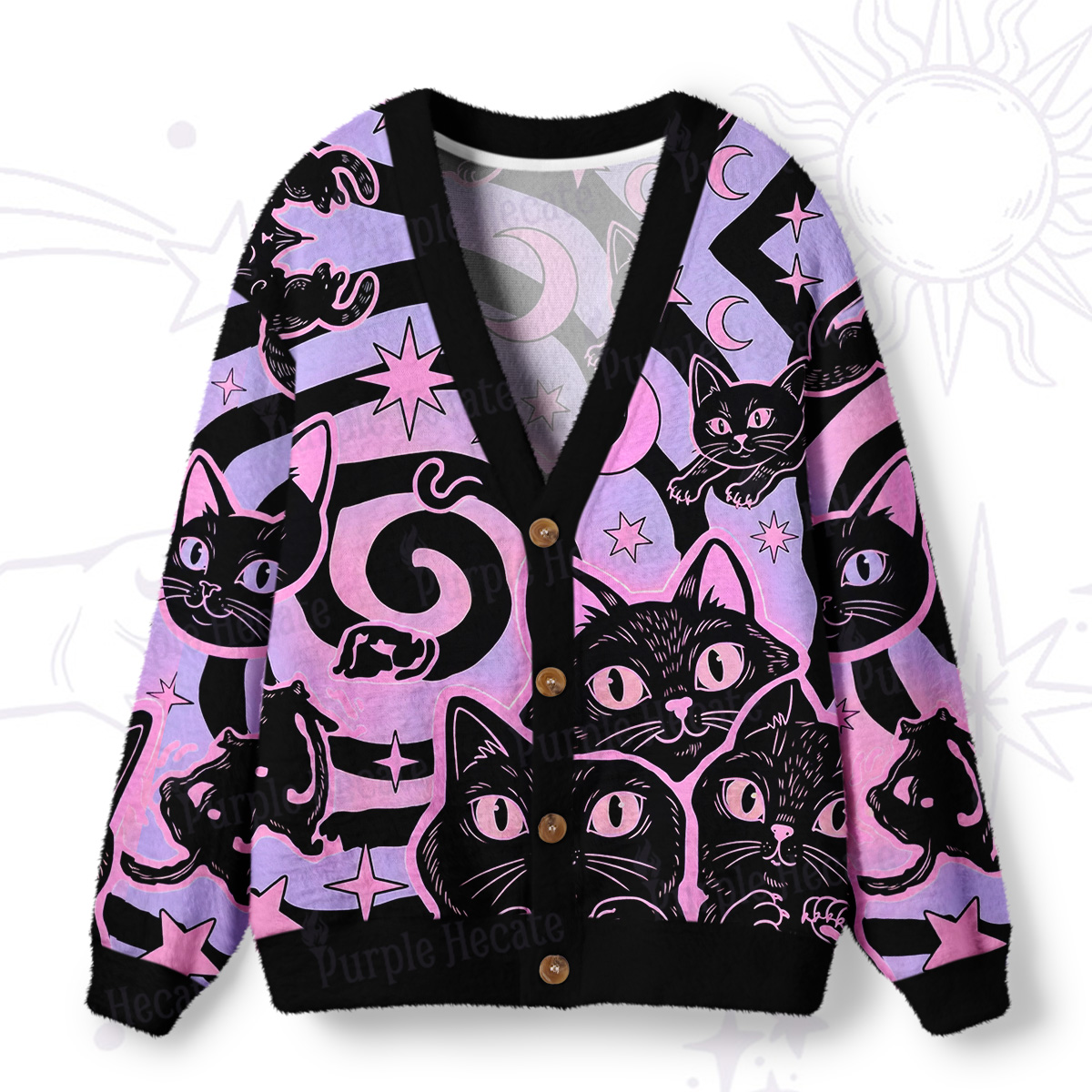Purplehecate Lunar Magic Black Cat Ugly Cardigan Sweaters
