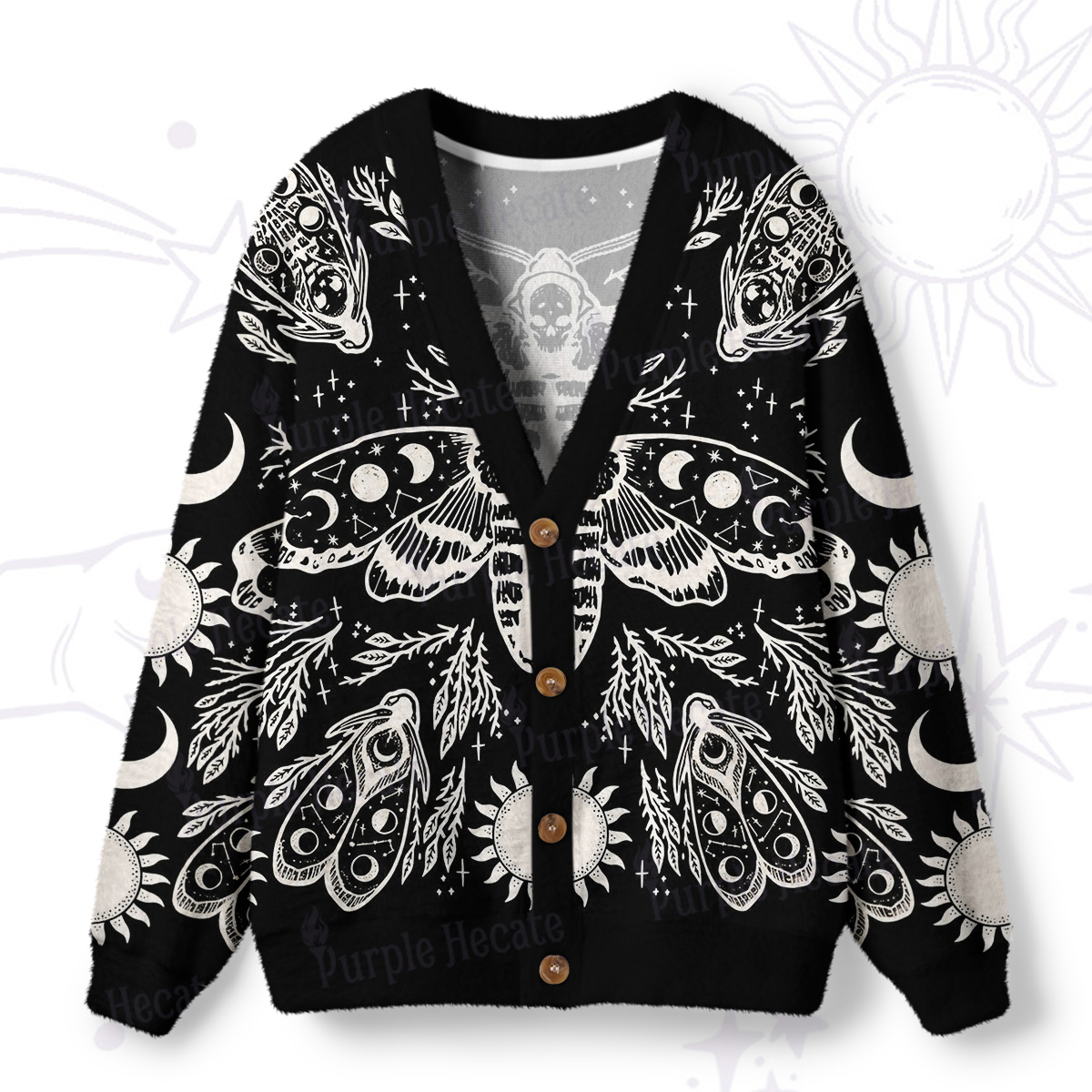 urplehecate Gothic Death Moth Skull Moon Phases Ugly Cardigan Sweaters