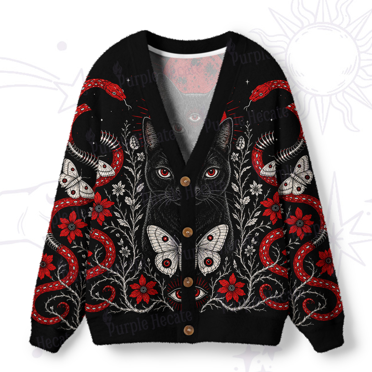 Purplehecate Blood Moon Third‑Eye Black Cat Ugly Cardigan Sweaters