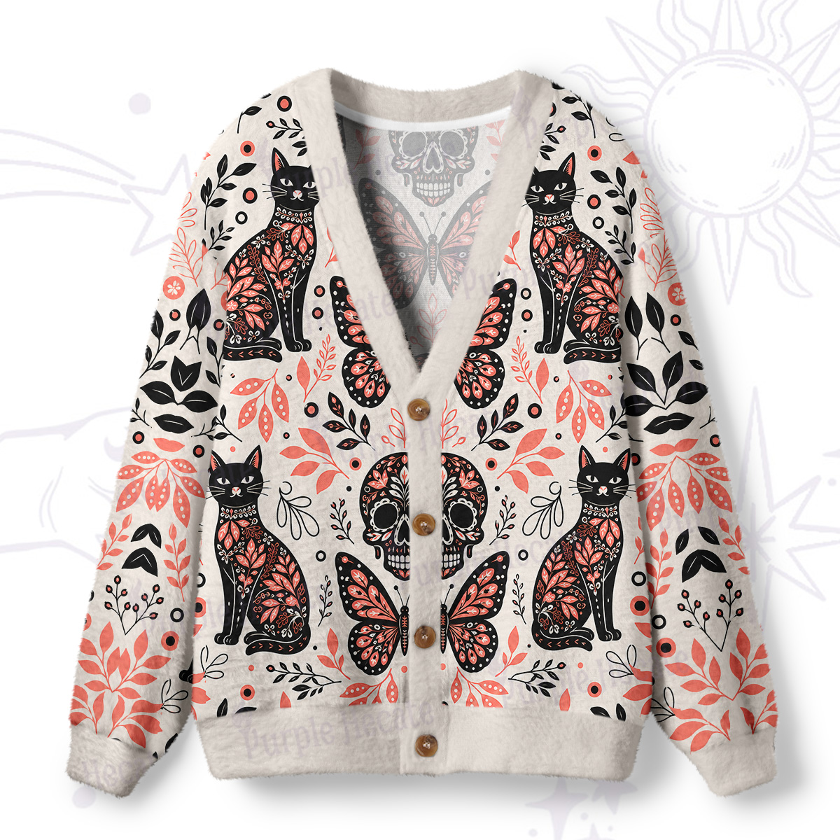 Purplehecate Gothic Cats & Floral Skulls Ugly Cardigan Sweaters