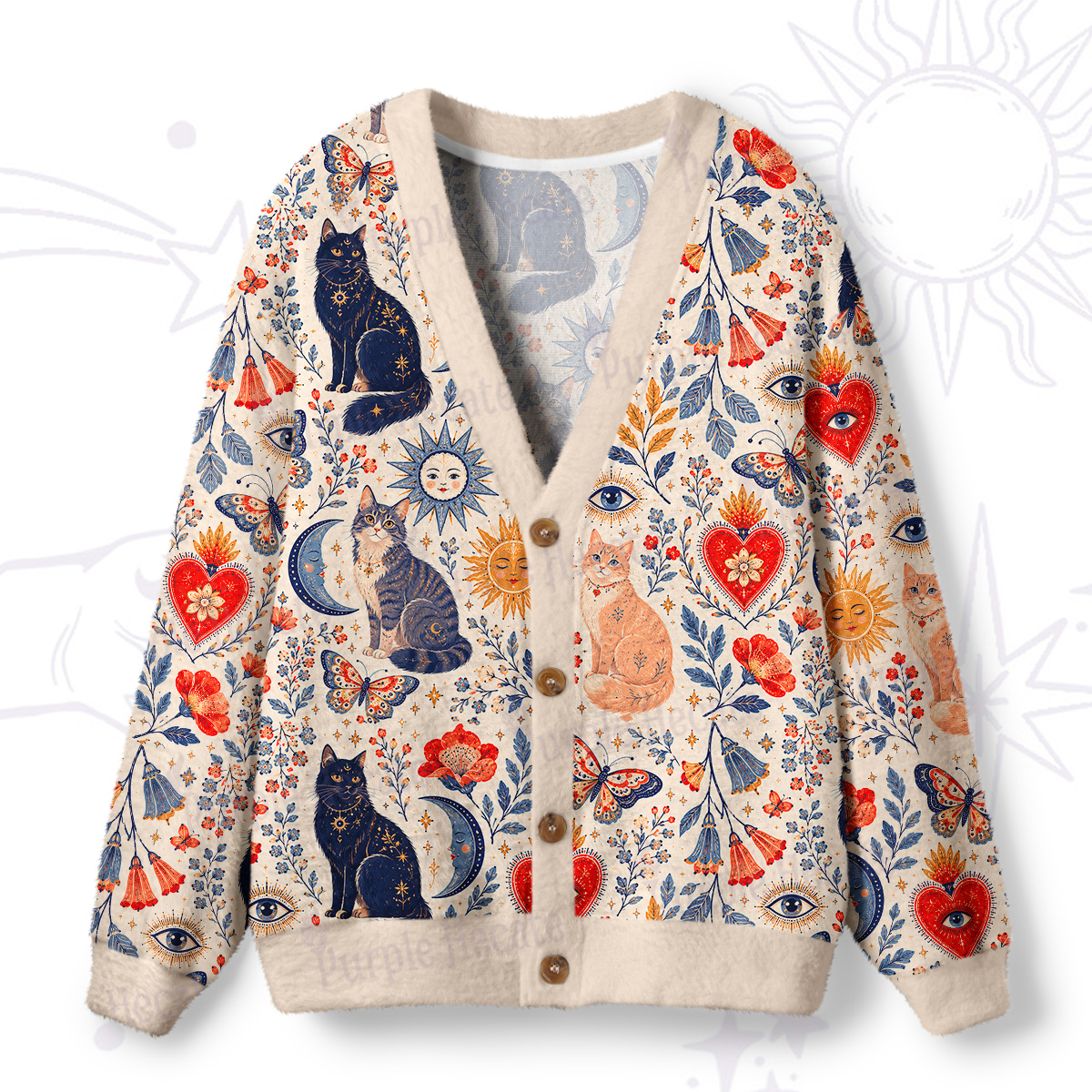 Purplehecate Sunlit Lazy Cats Ugly Cardigan Sweaters