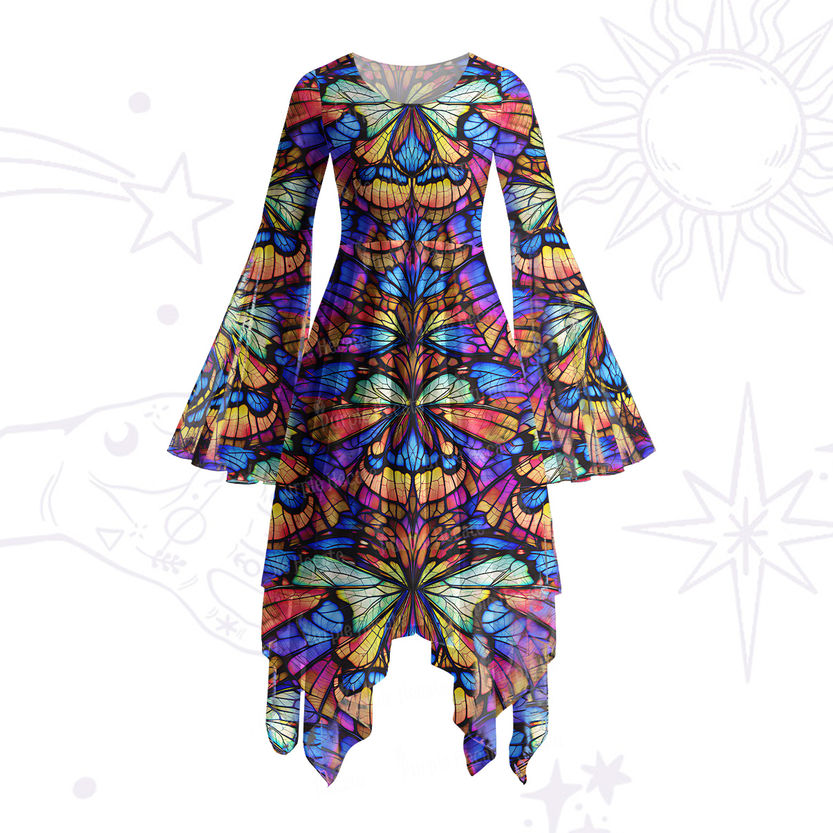 Purplehecate Colorful Butterfly Wing Pattern Bell Sleeve Dress