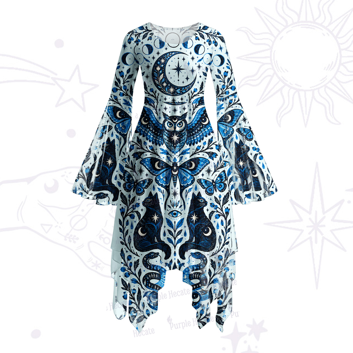 Purplehecate Moonlit Magic Cat & Owl Bell Sleeve Dress