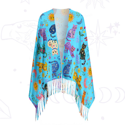 Purplehecate Rainbow Magic Cats Printed Fringe Scarf