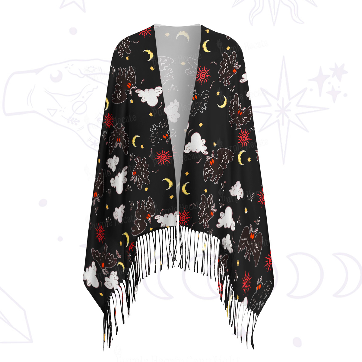 Purplehecate Cryptid Mothman Printed Fringe Scarf