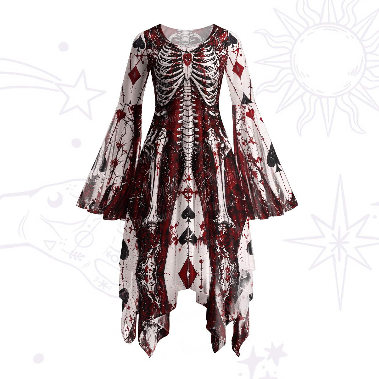 Purplehecate Gothic Bloodbone Card Queen Bell Sleeve Dress
