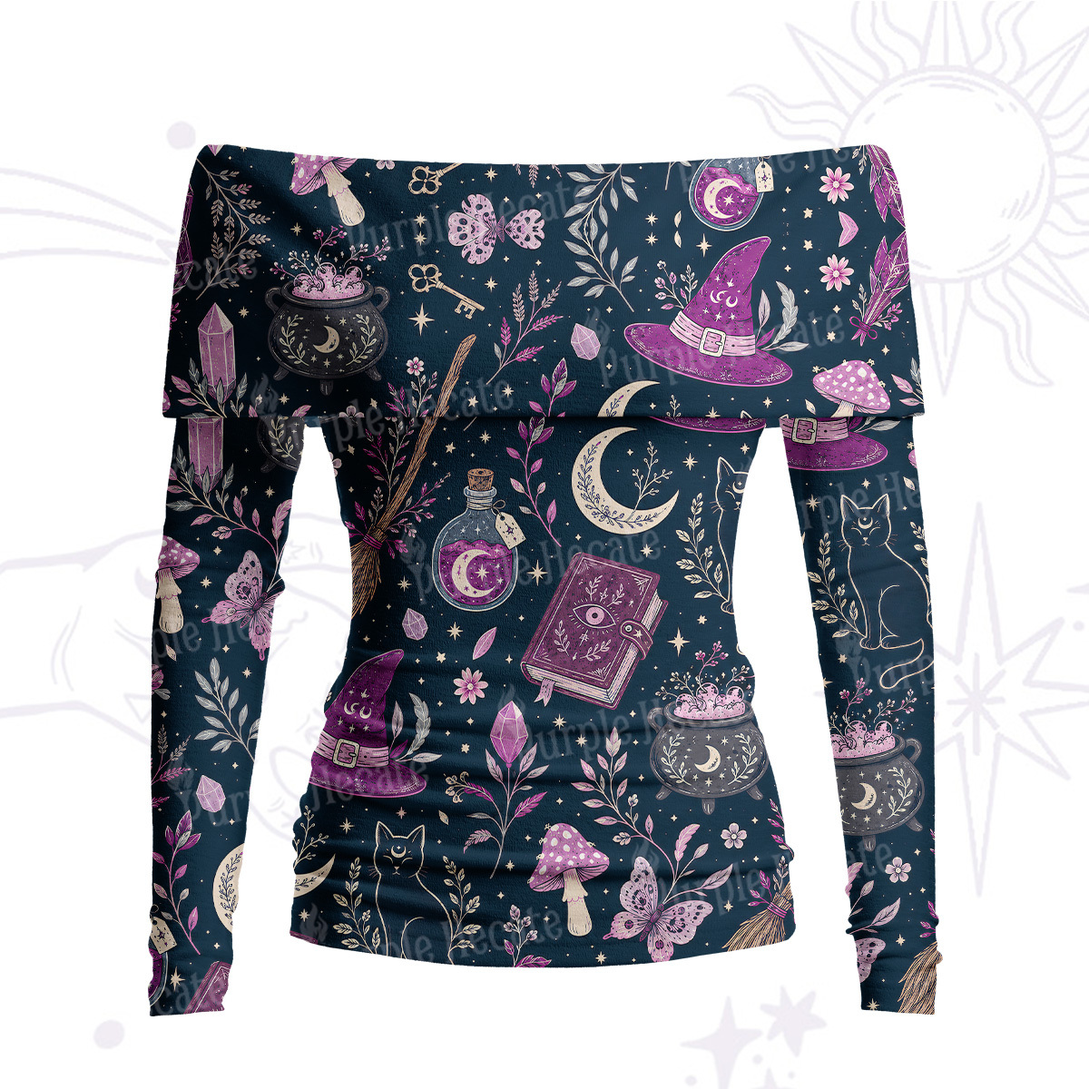 Purplehecate Witchcraft Spellbook Off Shoulder Long Sleeve Knit Top
