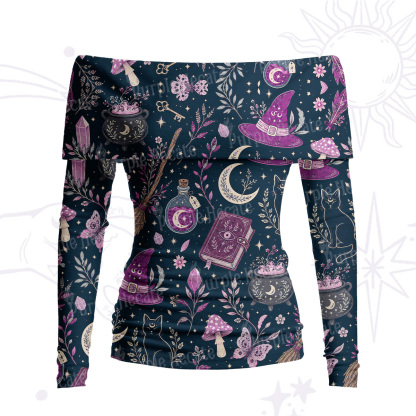 Purplehecate Witchcraft Spellbook Off Shoulder Long Sleeve Knit Top