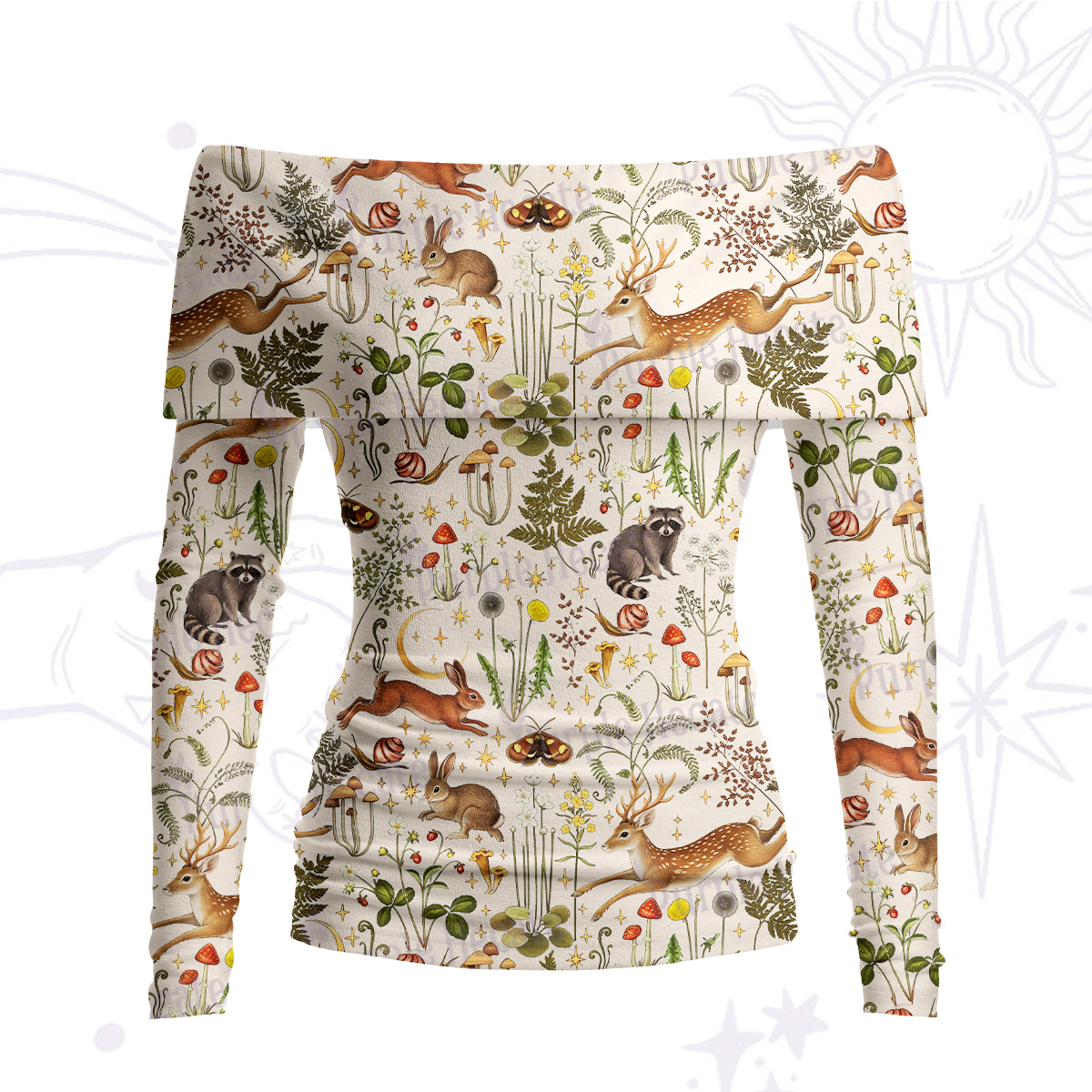 Purplehecate Enchanted Forest Animals Off Shoulder Long Sleeve Knit Top