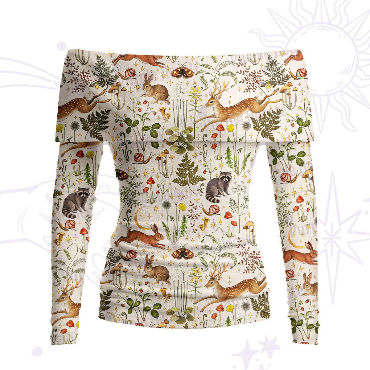 Purplehecate Enchanted Forest Animals Off Shoulder Long Sleeve Knit Top