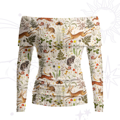 Purplehecate Enchanted Forest Animals Off Shoulder Long Sleeve Knit Top