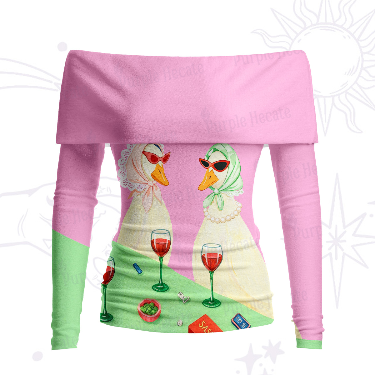 Purplehecate Tipsy Goose Wine Party Off Shoulder Long Sleeve Knit Top