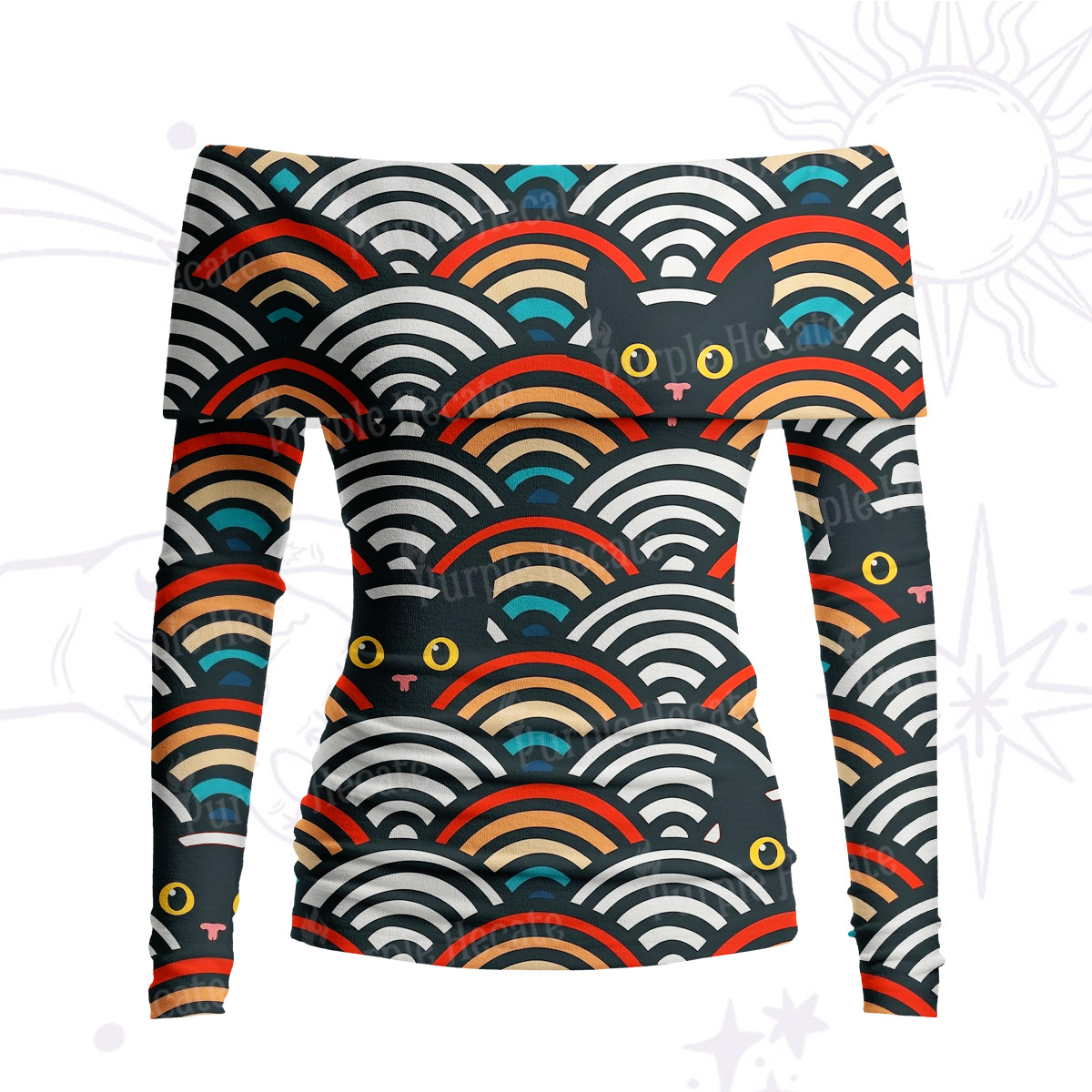 Purplehecate Rainbow Black Cat Waves Off Shoulder Long Sleeve Knit Top