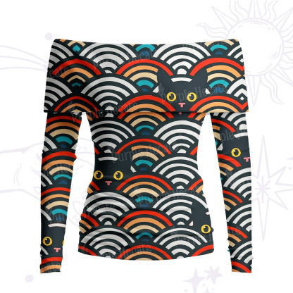Purplehecate Rainbow Black Cat Waves Off Shoulder Long Sleeve Knit Top