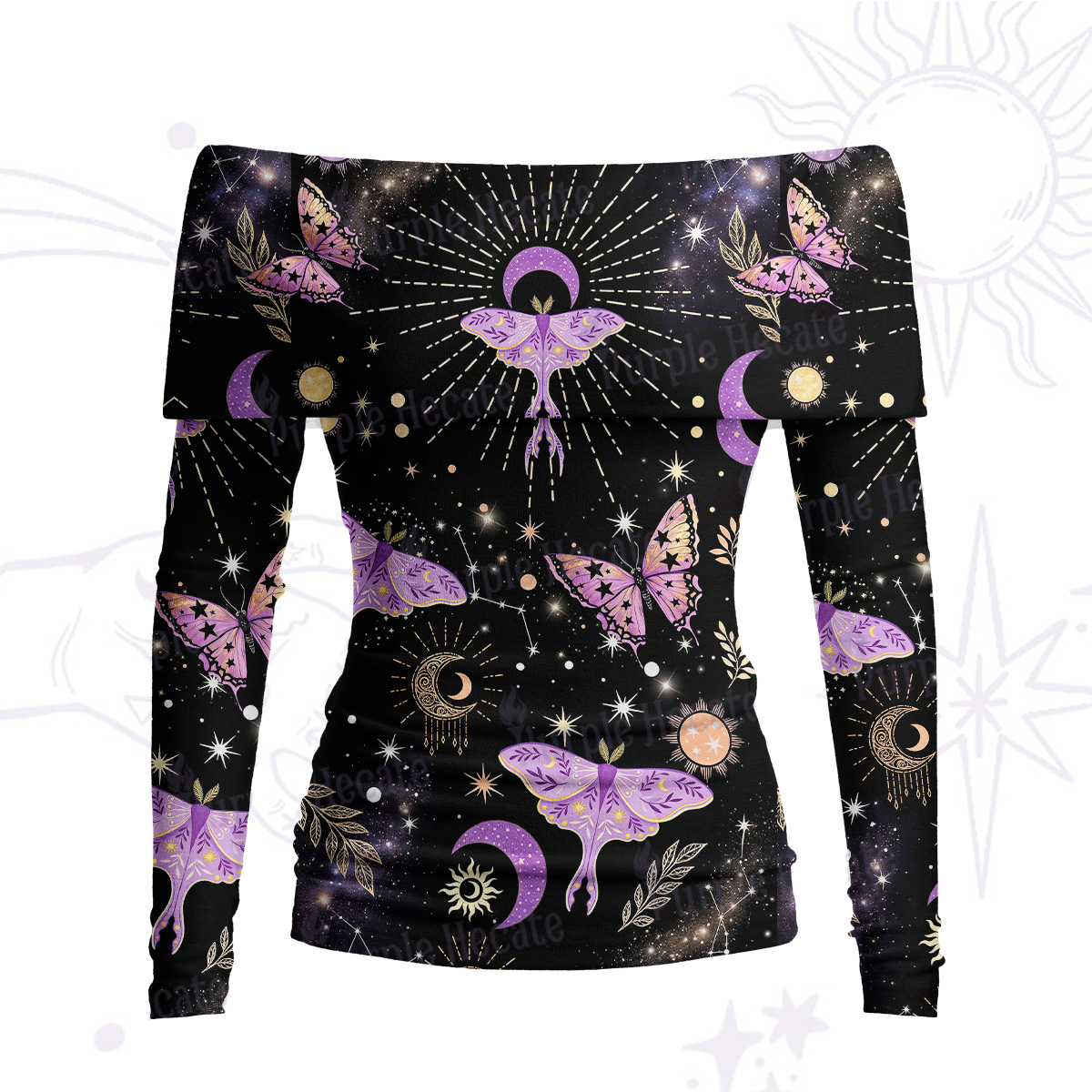 Purplehecate Starry Night Lunar Moth Off Shoulder Long Sleeve Knit Top