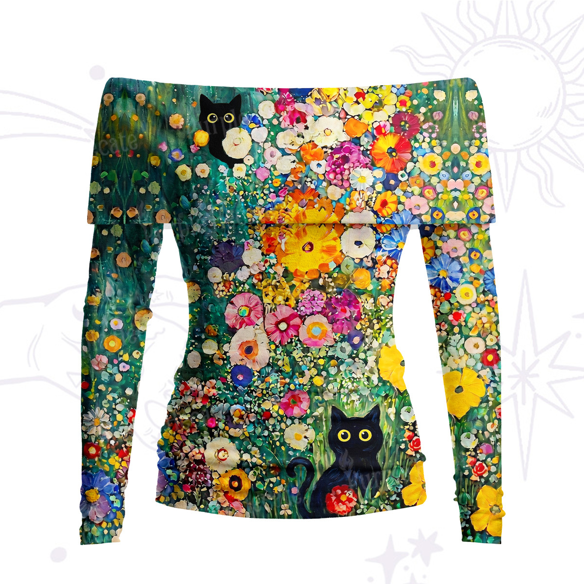 Purplehecate Fluffy Black Cat in Colorful Flower Field Off Shoulder Long Sleeve Knit Top