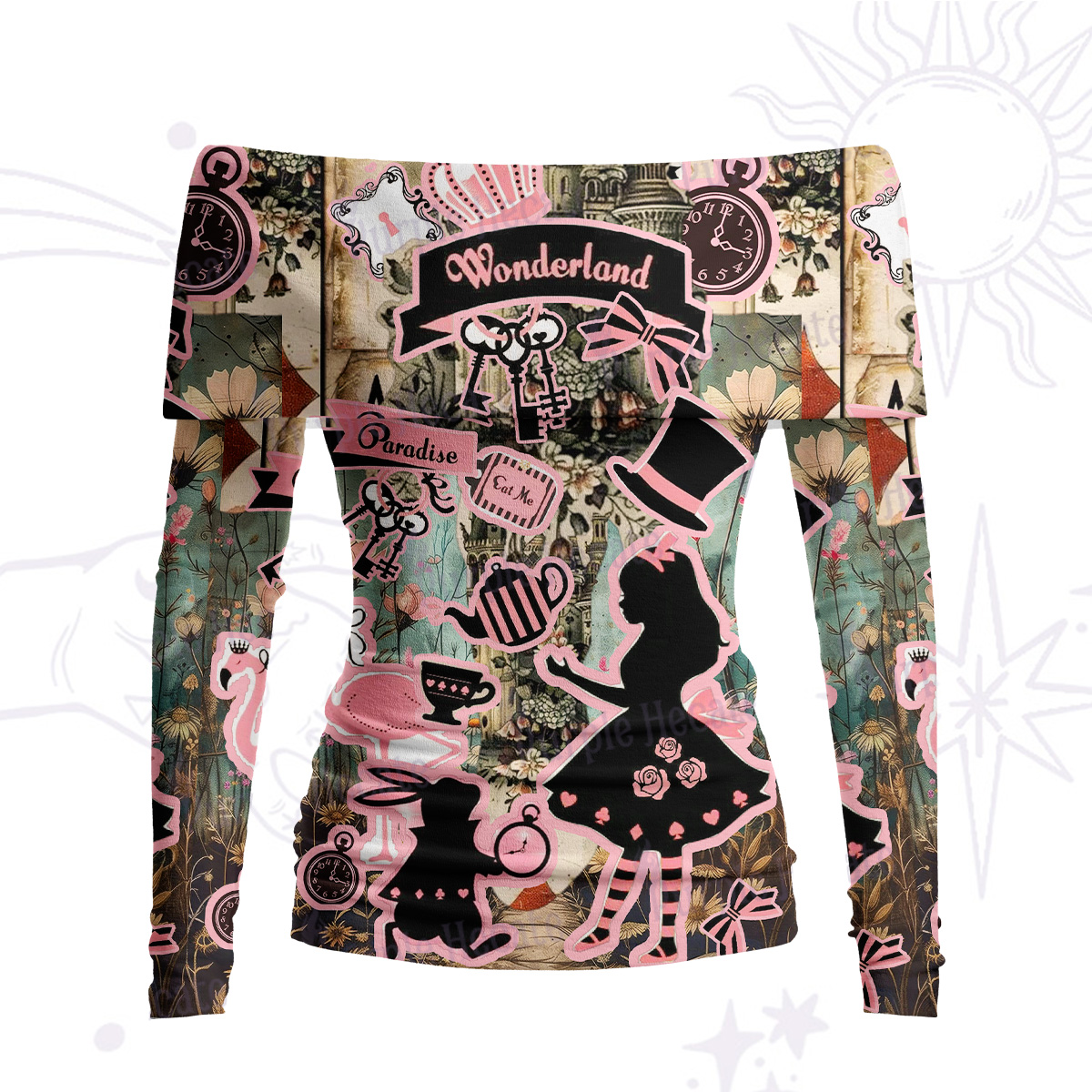 Purplehecate Wonderland Alice's Tea PartyOff Shoulder Long Sleeve Knit Top