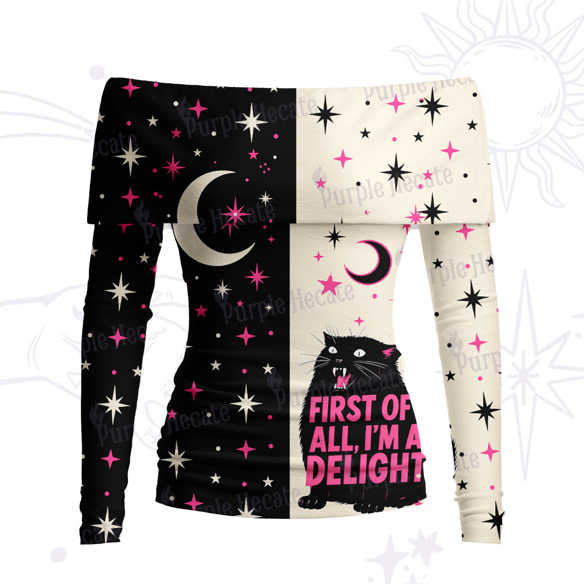 Purplehecate First Of All I'm A Delight Cat Off Shoulder Long Sleeve Knit Top
