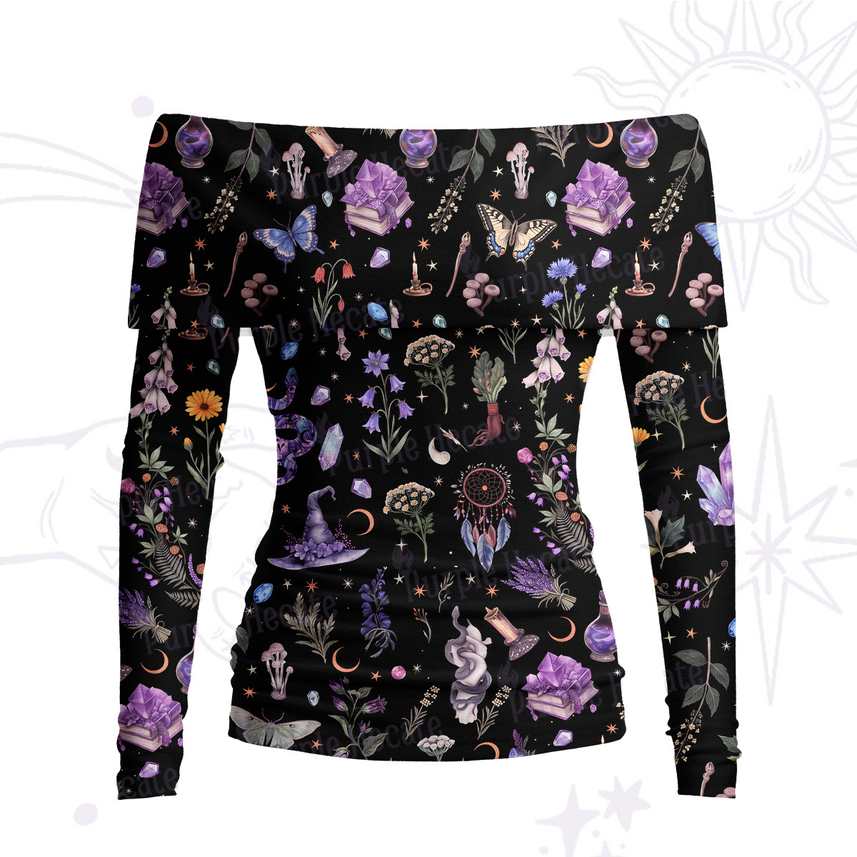 Purplehecate Witchcraft Herbarium Magic Off Shoulder Long Sleeve Knit Top