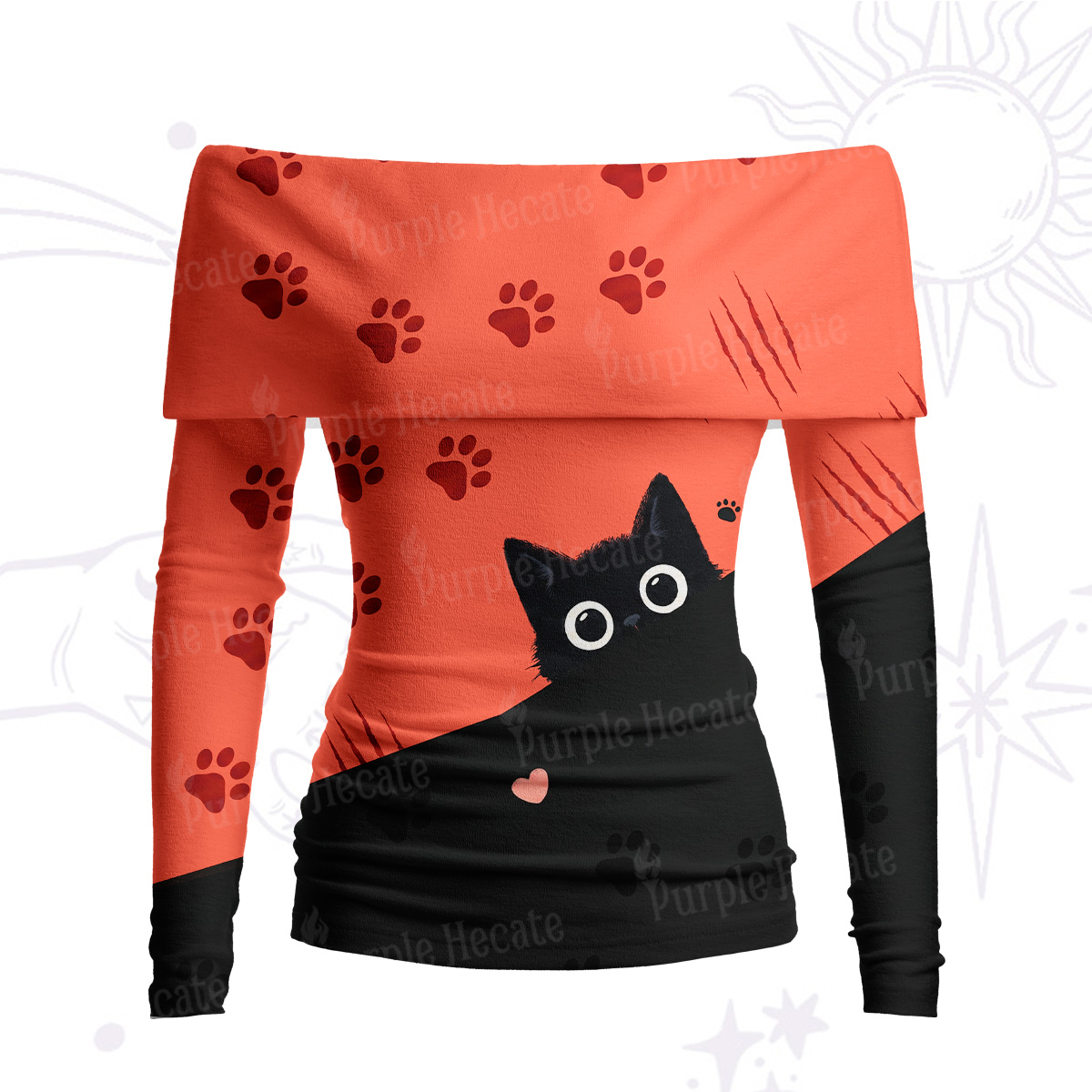 Purplehecate Peekaboo Black Cat Paw Off Shoulder Long Sleeve Knit Top