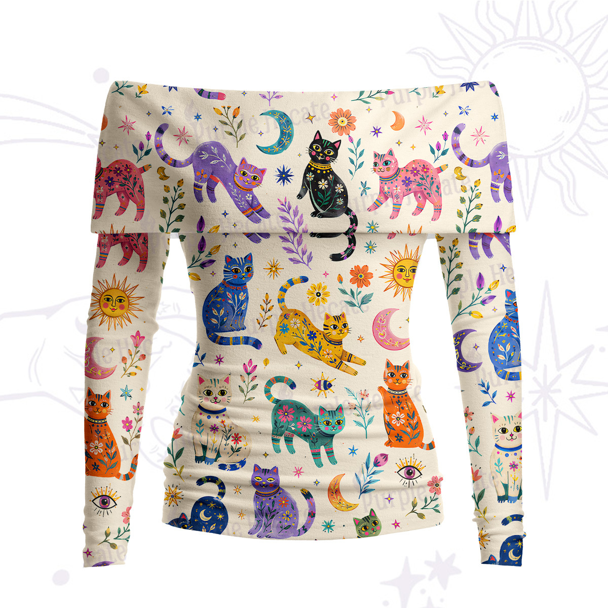Purplehecate Rainbow Magic Cats Off Shoulder Long Sleeve Knit Top