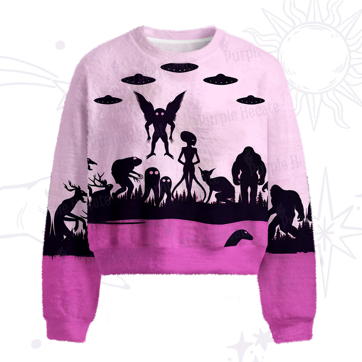 Purplehecate Alien Lake Monster Encounter Fuzzy Crewneck Sweater