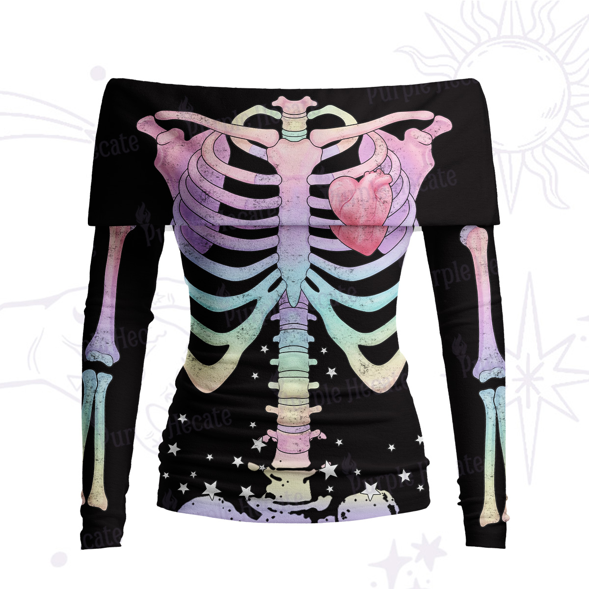 Purplehecate Spooky Skeleton Off Shoulder Long Sleeve Knit Top