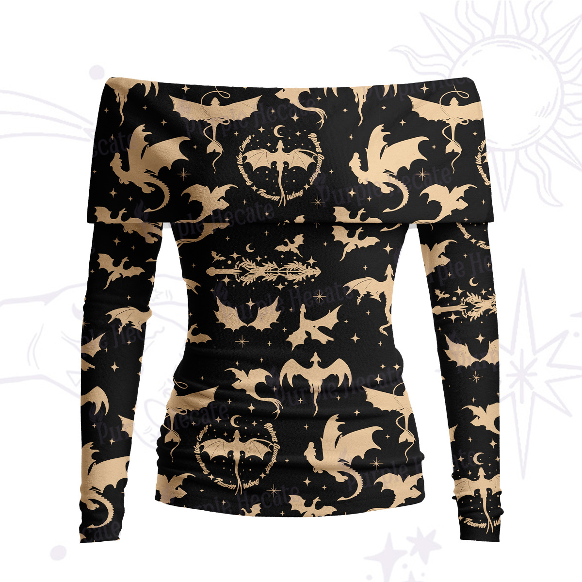 Purplehecate Fantasy Dragon Allover Off Shoulder Long Sleeve Knit Top