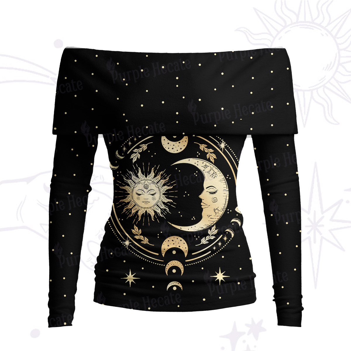 Purplehecate Celestial Sun and Moon Off Shoulder Long Sleeve Knit Top