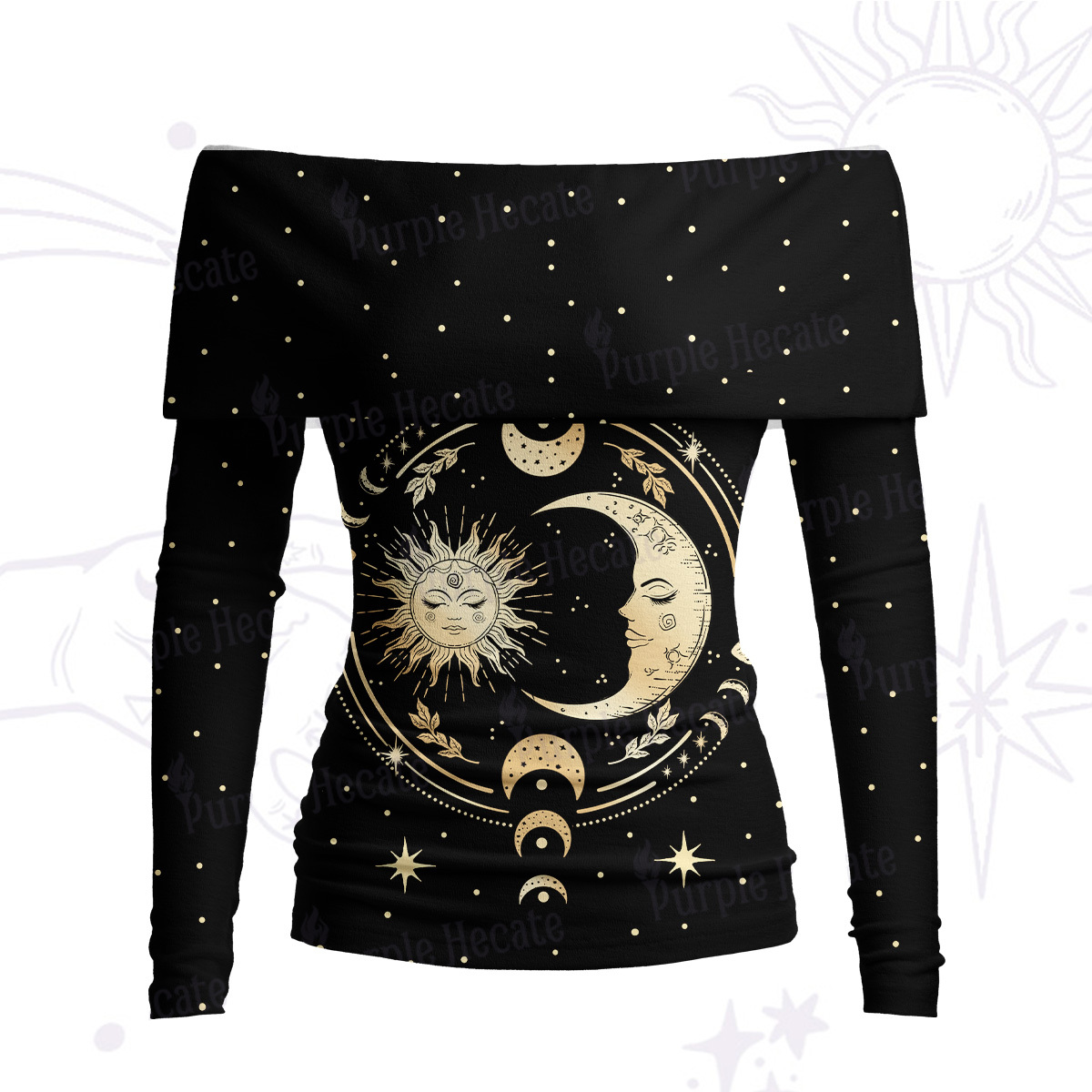 Purplehecate Celestial Sun and Moon Off Shoulder Long Sleeve Knit Top