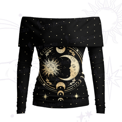 Purplehecate Celestial Sun and Moon Off Shoulder Long Sleeve Knit Top