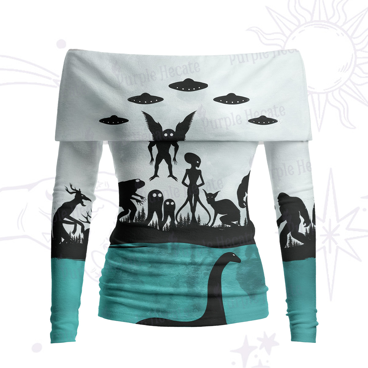 Purplehecate Alien Lake Monster Encounter Off Shoulder Long Sleeve Knit Top